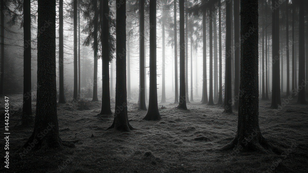 Naklejka premium Dense forest with tall trees shrouded in atmospheric fog and mist