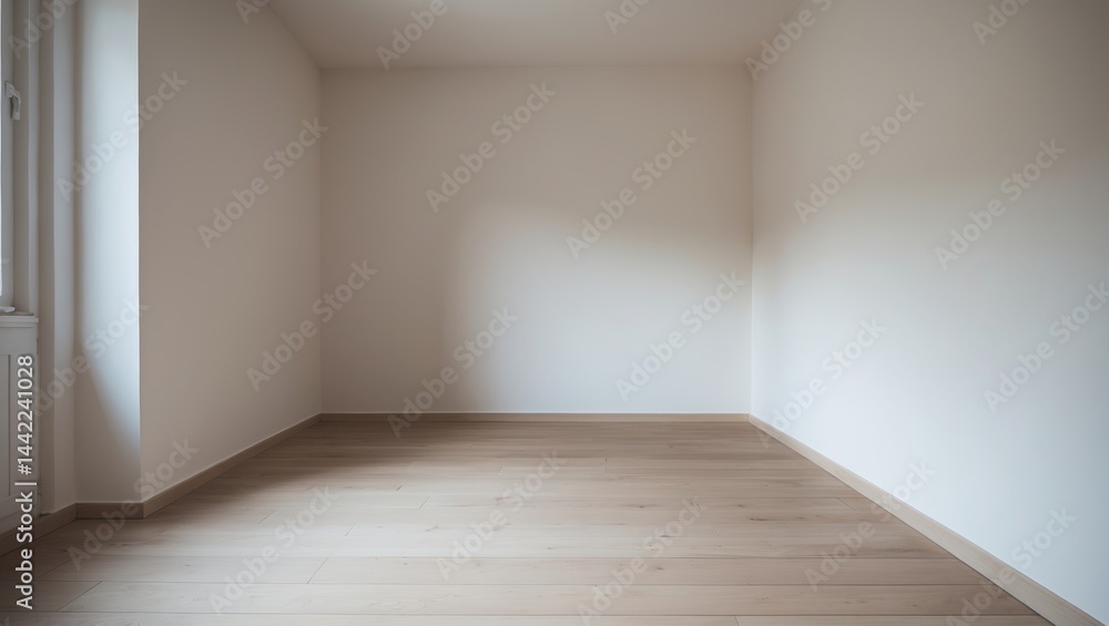 Bare corner of a refurbished room with visible walls and wooden flooring Bare corner of a refurbished room with visible walls and wooden flooring