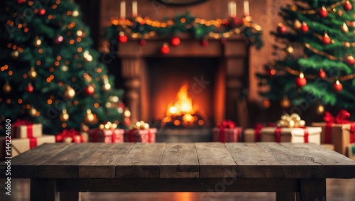 Unoccupied wooden surface set against a hazy background with a tree, gifts, and a fireplace; free area for your decorative touches