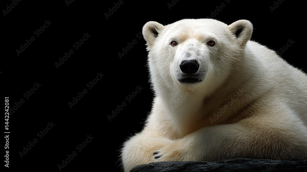 Majestic polar bear resting on a rock, set against a stark black background, exuding calmness Majestic polar bear resting on a rock, set against a stark black background, exuding calmness