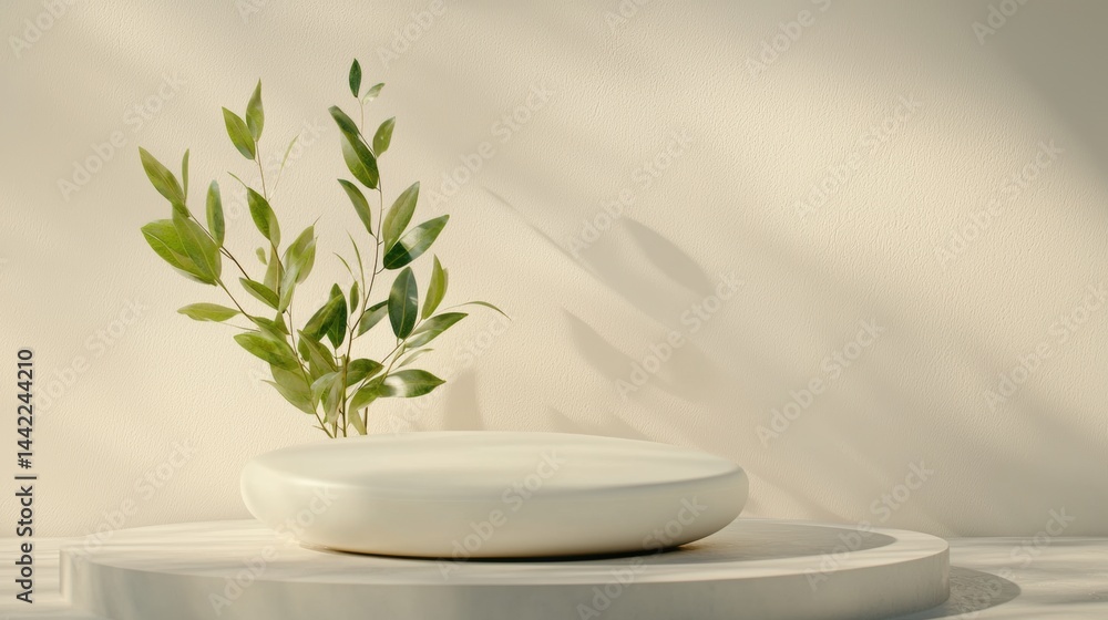 A minimalist white vase with a single plant sits on a white pedestal against a beige wall. A minimalist white vase with a single plant sits on a white pedestal against a beige wall.