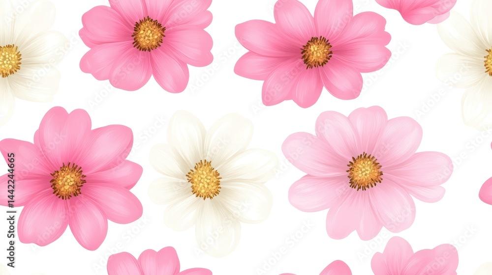 Pink and White Flowers Pattern: Delicate pink and white flowers arranged in a charming repeating pattern, perfect for a variety of design applications. Pink and White Flowers Pattern: Delicate pink and white flowers arranged in a charming repeating pattern, perfect for a variety of design applications.