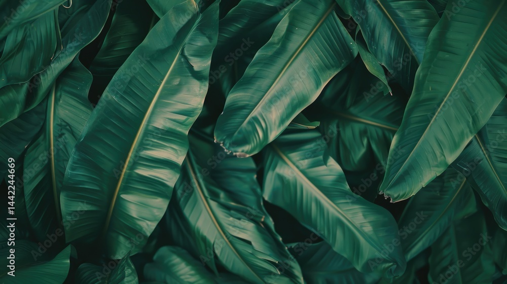 Lush green banana leaves texture with natural light and shadows for background Lush green banana leaves texture with natural light and shadows for background