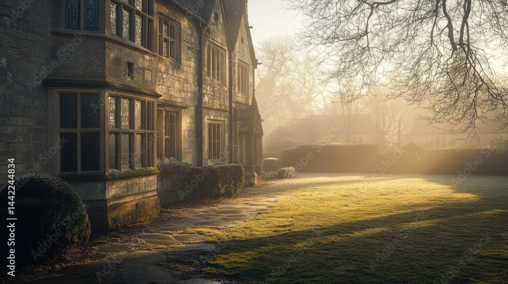 Fototapeta premium An old stone house basks in the morning sunlight with fog