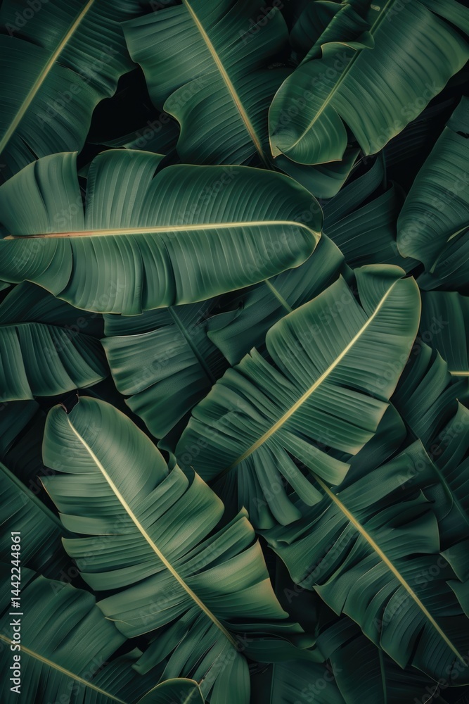 Lush green banana leaves texture with natural light and shadows for background Lush green banana leaves texture with natural light and shadows for background
