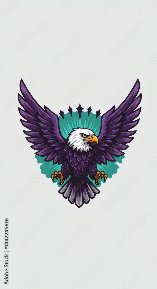 Fototapeta premium Eagle Spreading Wings Graphic Design with Purple Feathers and Teal Background