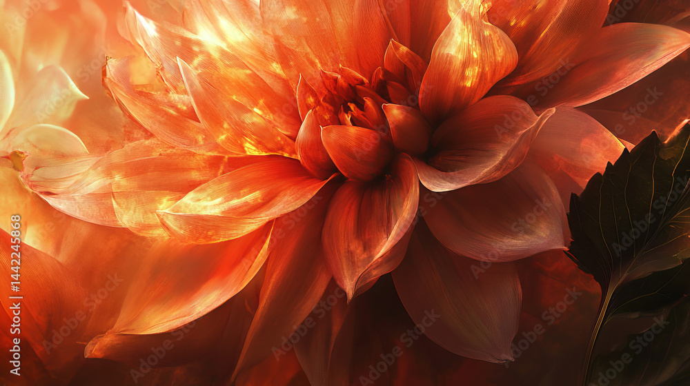 Obraz premium stunning close up of vibrant orange pink flower, showcasing its intricate petals and leaves. warm hues create captivating and emotional atmosphere, highlighting beauty of nature