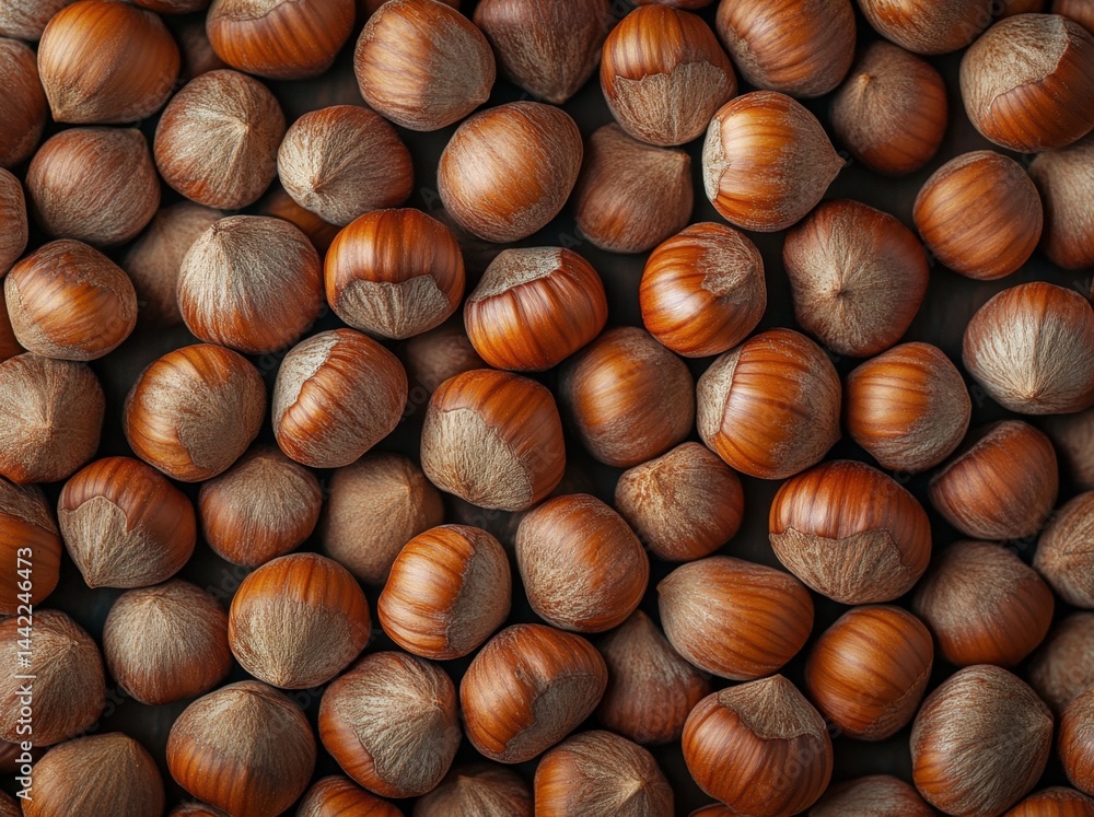 Hazelnuts spread across a flat surface display their natural colors and textures under soft lighting Hazelnuts spread across a flat surface display their natural colors and textures under soft lighting