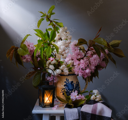 Obraz na płótnie This is a Beautiful Spring Floral Arrangement that features a Lantern and Cozy Drapery elements w salonie