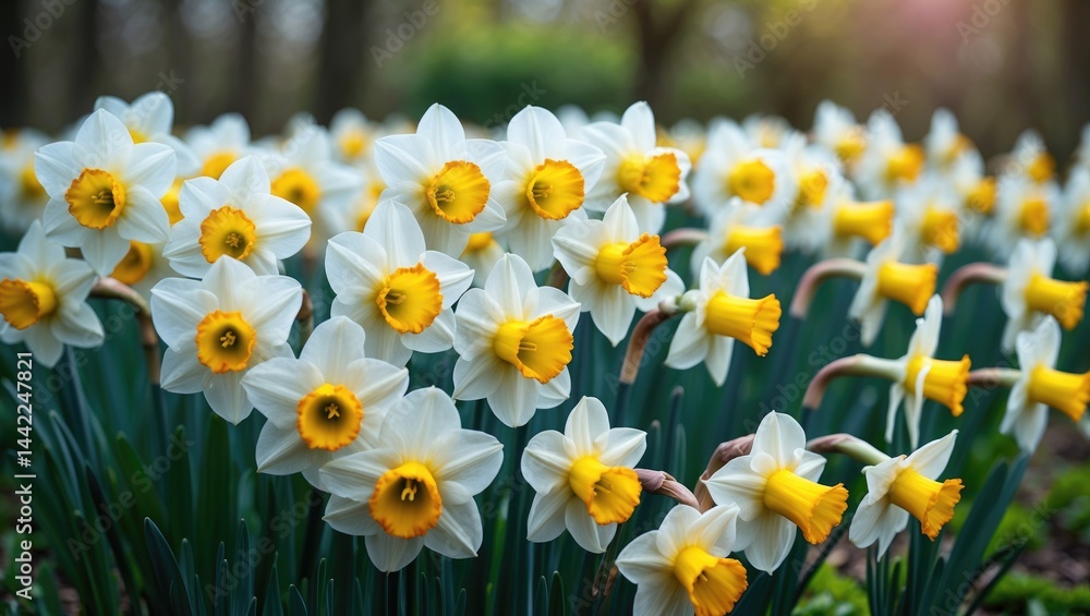 An enchanting view of a daffodil field in full bloom, embodying the spirit of spring, suitable for floral-themed projects and nature backgrounds. An enchanting view of a daffodil field in full bloom, embodying the spirit of spring, suitable for floral-themed projects and nature backgrounds.