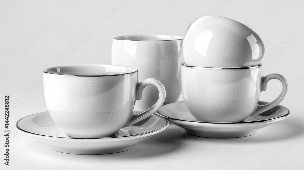 a set of classic white porcelain cups on a white isolated background, simple and refined design a set of classic white porcelain cups on a white isolated background, simple and refined design