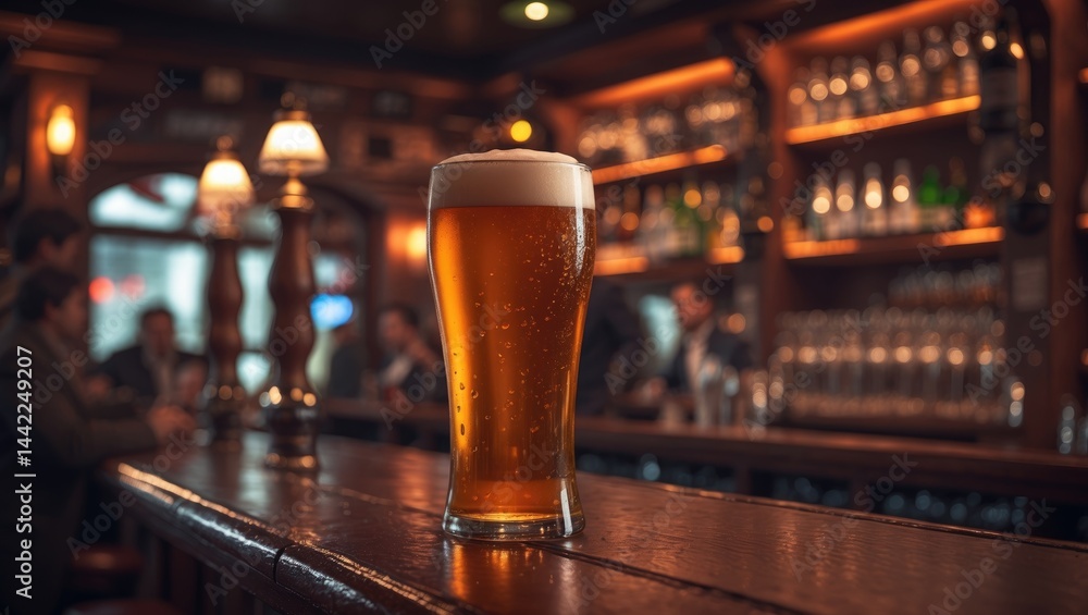Bar scene featuring a pint of beer in a classic pub setting
