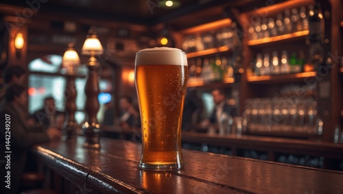 Obraz na płótnie Bar scene featuring a pint of beer in a classic pub setting w salonie