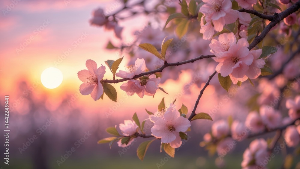 Obraz premium Sunset rays illuminate pink apricot blossoms on tree branches, evoking feelings of hope and renewal