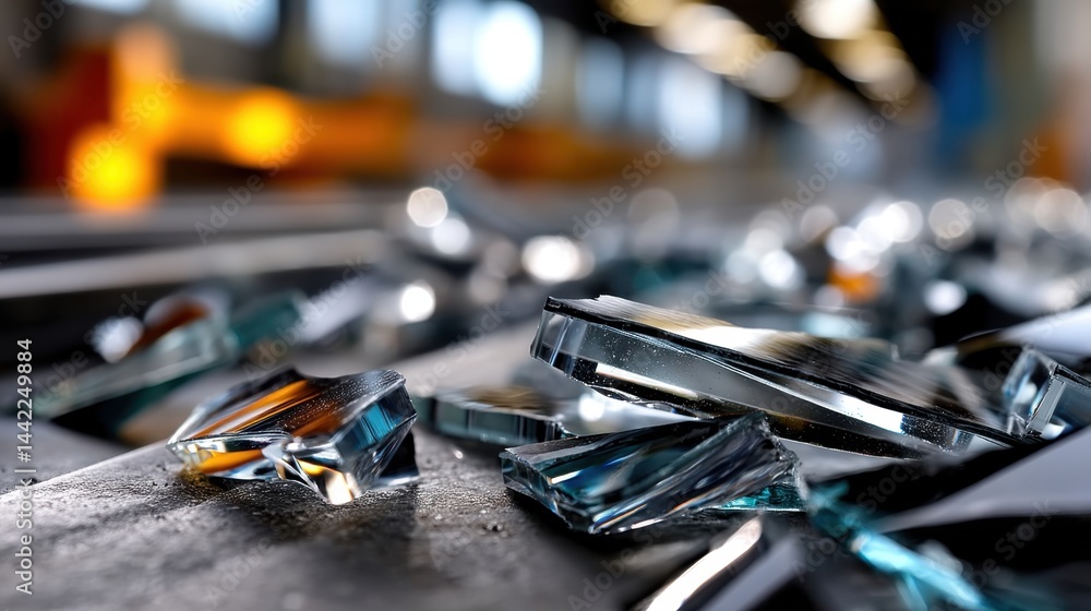 Fototapeta premium Crushed glass shards scattered on metallic surface with blurred industrial background and warm lighting