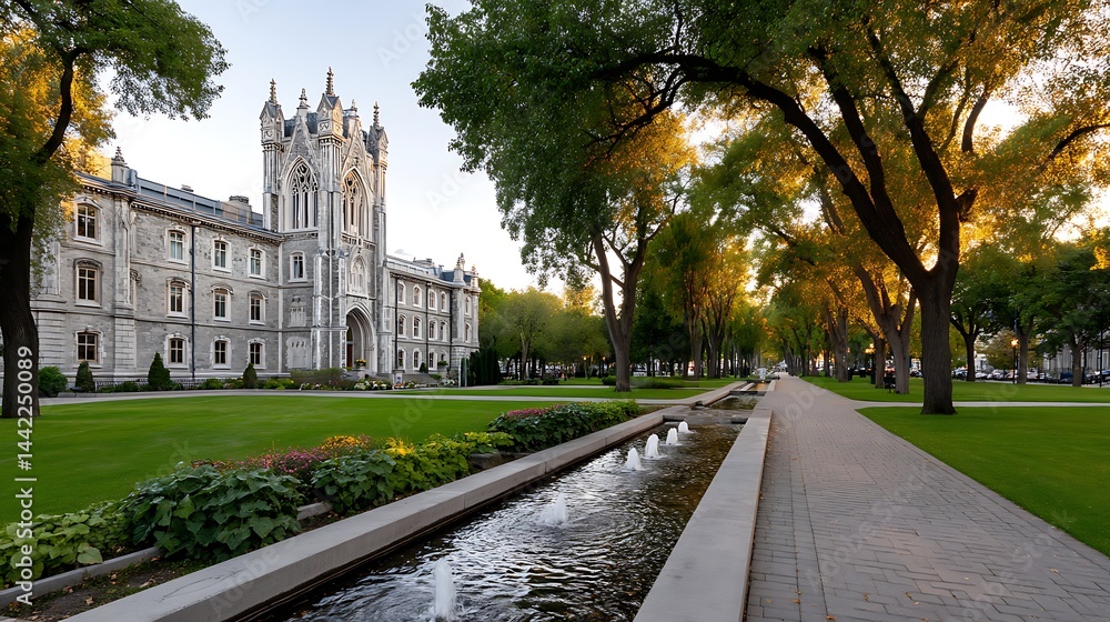 Obraz premium Serene University Campus Pathway Stone Building Fountain Autumn Trees