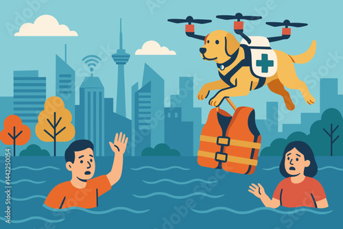 Flat rescue-tech scene with canine drone body, life jacket drop, and water