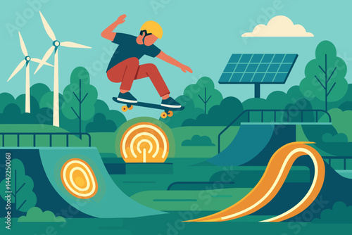 Flat sport-tech scene with LED arcs, coils, and thrilled skaters