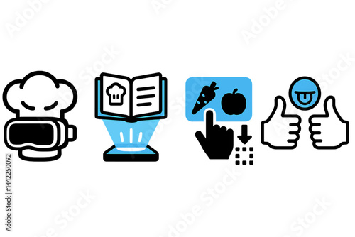 Virtual-cooking icons mixing chef gear, hologram, interaction, and feedback