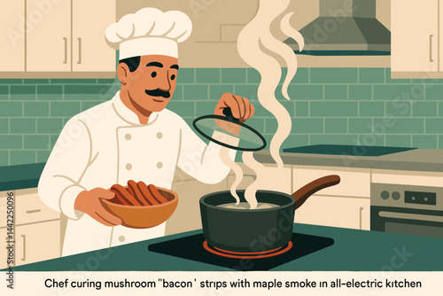 Flat alt-protein scene featuring racks, smoke plume, and induction range