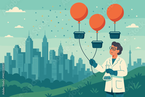 Flat atmospheric-research scene with tethered balloon, sampler tubes, and city haze