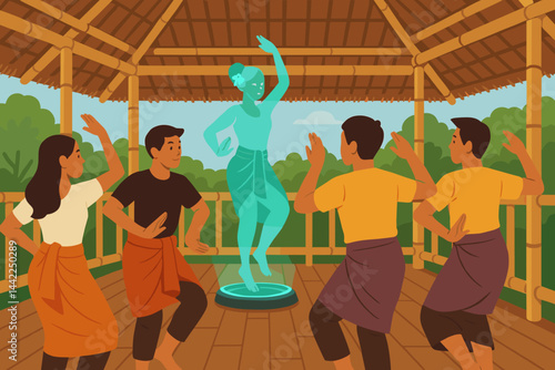 Flat arts-tech scene with dancers, hologram figure, and open air