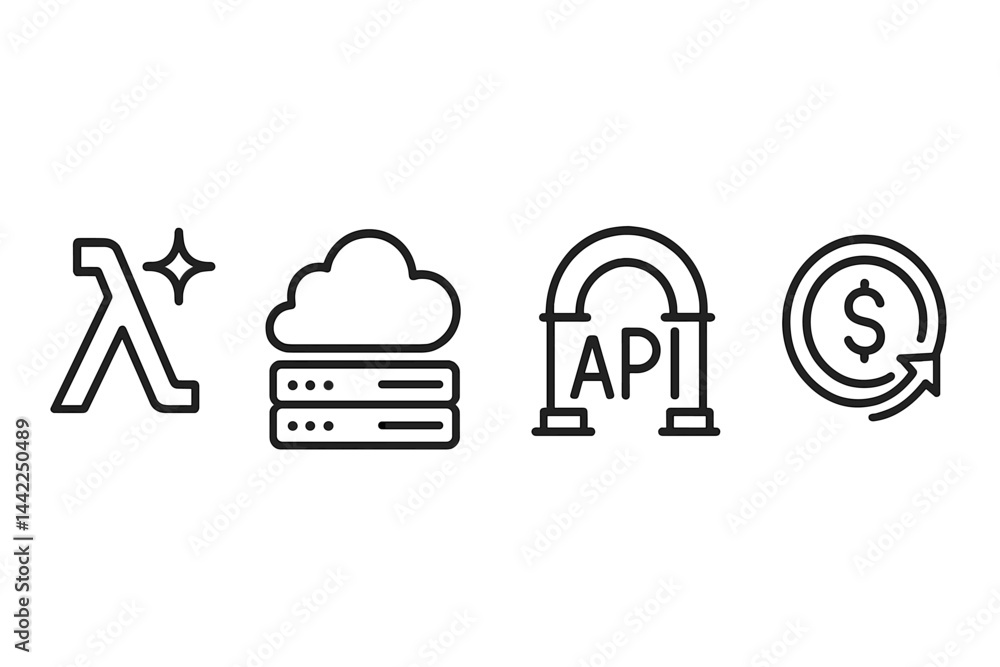 Serverless icons featuring function, cloud, gate, and savings Serverless icons featuring function, cloud, gate, and savings