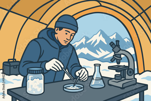 Flat field-lab scene with filter setup, snow flasks, and peaks