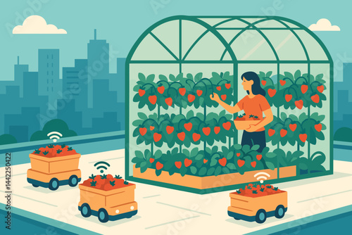 Flat city-farm scene with glass roof, berry trays, and robot carts