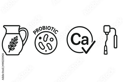 Oat-milk icons showing jug, cultures, nutrition, and froth