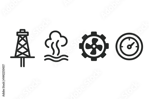 Geothermal icons linking rig, steam, turbine, and output