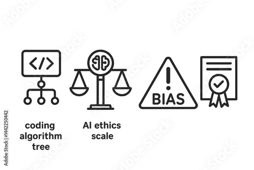 AI-ethics icons combining model, justice, alert, and certification