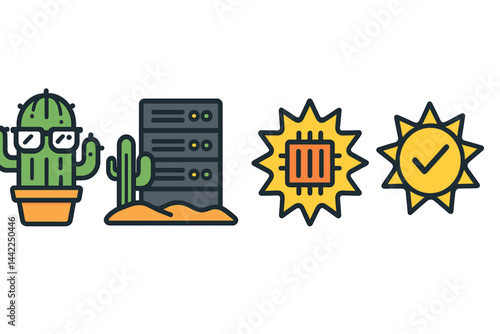 Data-center icons with mascot, rack, cooling, and reliability