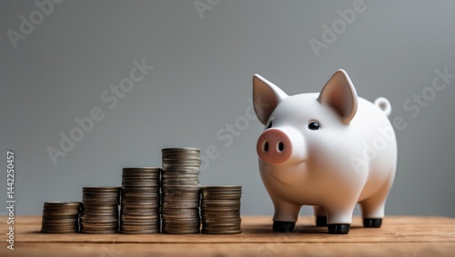 Savings concept with pig piggy bank and coin stack on white background