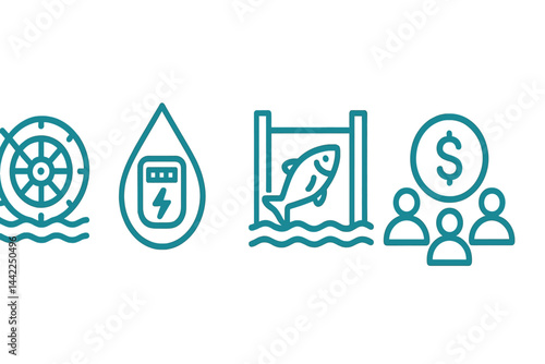 Micro-hydro icons linking turbine, output, ecology, and finance