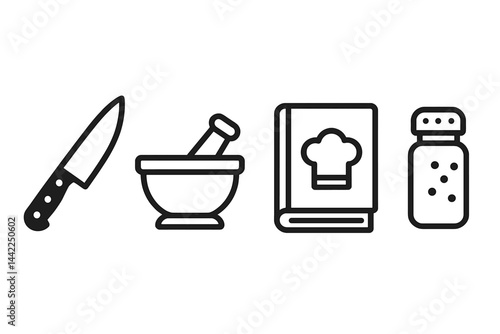 Culinary icons focusing on fundamental kitchen tools and flavors