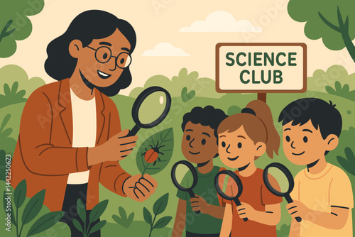 Flat educational field scene focusing on hands-on exploration
