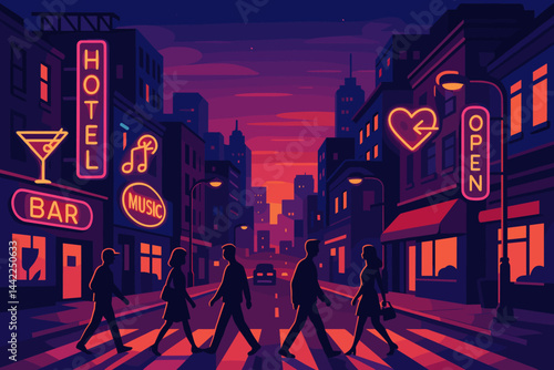 Flat urban evening scene capturing vibrant lights and foot traffic