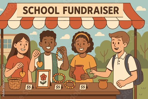 Flat educational scene showcasing creativity and charity