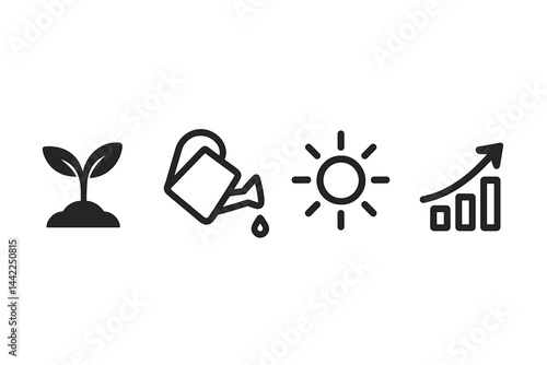 Plant-growth icons linking nurture, light, water, and progress