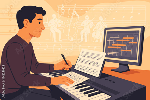 Flat composition scene blending keys, score sheets, and holographic instruments