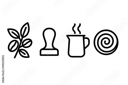 Cafe icons marrying origin, brewing, frothing, and bakery treat