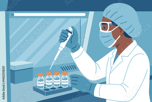 Flat laboratory scene emphasizing sterility, PPE, and precise dosing