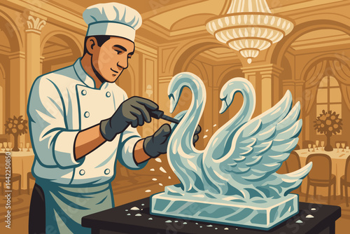 Flat culinary-art scene showcasing chisel skill, elegance, and chill mist