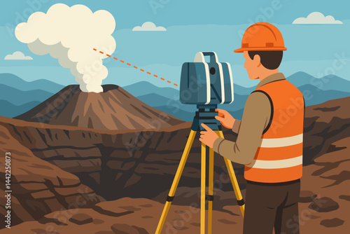 Flat field-research scene mixing geology tools, layers, and rugged terrain