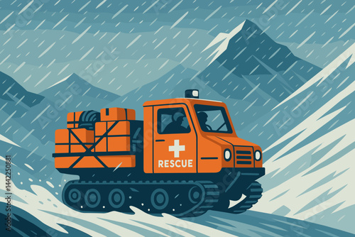 Flat winter-relief scene showing tracked vehicle, snowstorm, and aid crates