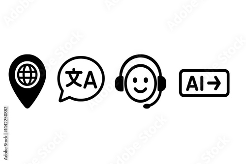 Multilingual icons merging place, speech, support, and auto text
