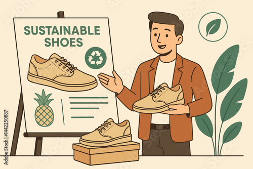 Flat eco-fashion scene featuring product sample, slides, and investors