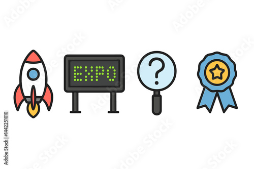 School-expo icons merging invention, display, exploration, and prize