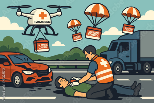 Flat emergency-tech scene with highway cones, drone chute, and responders